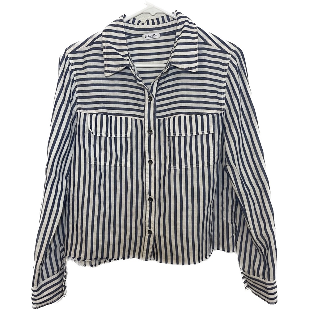 Splendid Size S Button Down Blue and White Raw Hem 188